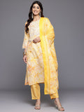 Varanga Women Yellow Printed Round Neck Yoke Embroidered Straight Kurta With Bottom And Dupatta