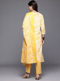 Varanga Women Yellow Printed Round Neck Yoke Embroidered Straight Kurta With Bottom And Dupatta