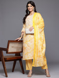 Varanga Women Yellow Printed Round Neck Yoke Embroidered Straight Kurta With Bottom And Dupatta