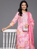 Varanga Women Pink Printed Round Neck Yoke Embroidered Straight Kurta With Bottom And Dupatta