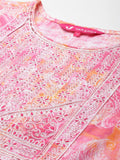 Varanga Women Pink Printed Round Neck Yoke Embroidered Straight Kurta With Bottom And Dupatta