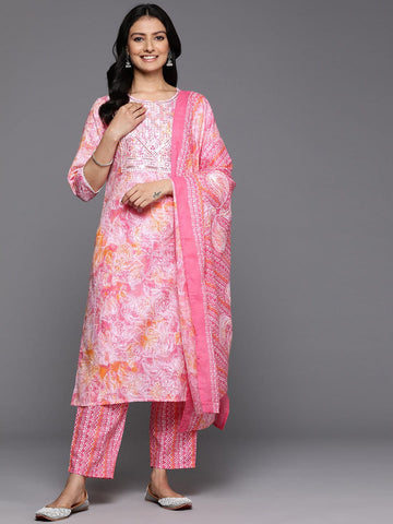 Varanga Women Pink Printed Round Neck Yoke Embroidered Straight Kurta With Bottom And Dupatta