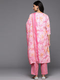 Varanga Women Pink Printed Round Neck Yoke Embroidered Straight Kurta With Bottom And Dupatta