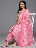 Varanga Women Pink Printed Round Neck Yoke Embroidered Straight Kurta With Bottom And Dupatta