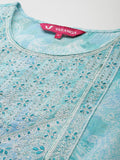 Varanga Women Blue Printed Round Neck Yoke Embroidered Straight Kurta With Bottom And Dupatta