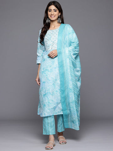 Varanga Women Blue Printed Round Neck Yoke Embroidered Straight Kurta With Bottom And Dupatta