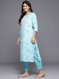 Varanga Women Blue Printed Round Neck Yoke Embroidered Straight Kurta With Bottom And Dupatta