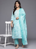 Varanga Women Blue Printed Round Neck Yoke Embroidered Straight Kurta With Bottom And Dupatta