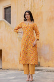 Varanga Women Mustard Printed Round Neck Straight Kurta With Bottom And Dupatta