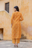 Varanga Women Mustard Printed Round Neck Straight Kurta With Bottom And Dupatta