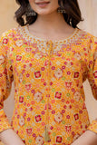 Varanga Women Mustard Printed Round Neck Straight Kurta With Bottom And Dupatta