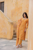 Varanga Women Mustard Printed Round Neck Straight Kurta With Bottom And Dupatta