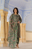 Varanga Women Green Printed Round Neck Straight Kurta With Bottom And Dupatta