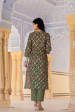 Varanga Women Green Printed Round Neck Straight Kurta With Bottom And Dupatta