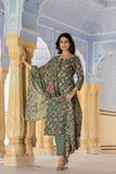 Varanga Women Green Printed Round Neck Straight Kurta With Bottom And Dupatta