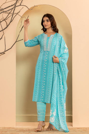 Varanga Women Blue Printed Round Neck Straight Kurta Paired With Bottom And Dupatta