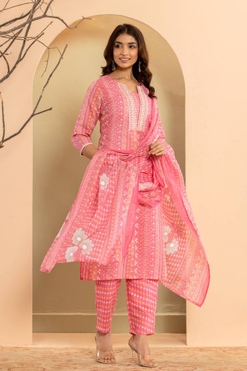 Varanga Women Pink Printed Round Neck Straight Kurta Paired With Bottom And Dupatta