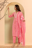 Varanga Women Pink Printed Round Neck Straight Kurta Paired With Bottom And Dupatta