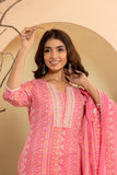 Varanga Women Pink Printed Round Neck Straight Kurta Paired With Bottom And Dupatta