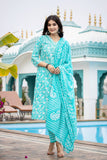 Varanga Women Blue V Neck Embroidered Kurta Paired With Printed Bottom And Dupatta