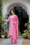 Varanga Women Printed Pink V Neck Embroidered Kurta With Printed Bottom And Dupatta