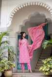 Varanga Women Printed Pink V Neck Embroidered Kurta With Printed Bottom And Dupatta