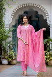 Varanga Women Printed Pink V Neck Embroidered Kurta With Printed Bottom And Dupatta