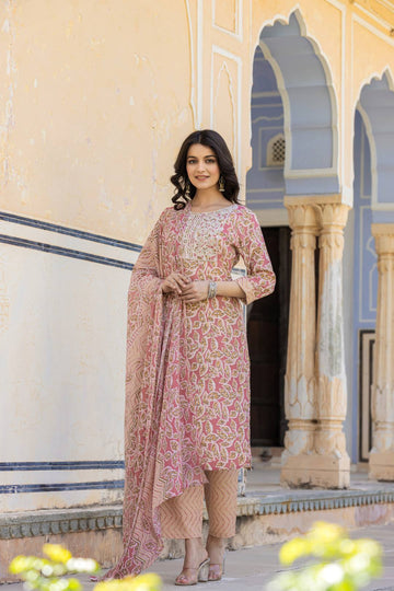 Varanga Women Pink Round Neck Floral Printed  Embroidered Kurta Paired With Bottom And  Dupatta