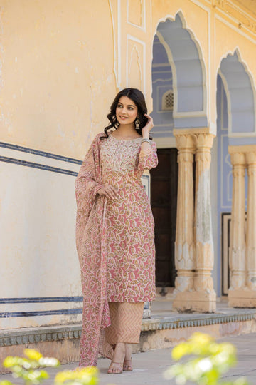 Varanga Women Pink Round Neck Floral Printed  Embroidered Kurta Paired With Bottom And  Dupatta