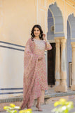 Varanga Women Pink Round Neck Floral Printed  Embroidered Kurta Paired With Bottom And  Dupatta