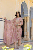 Varanga Women Pink Round Neck Floral Printed  Embroidered Kurta Paired With Bottom And  Dupatta