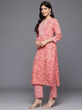 Varanga Women Red Printed Round Neck Yoke Embroidered Straight Kurta Paired With Bottom And Dupatta