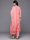 Varanga Women Red Printed Round Neck Yoke Embroidered Straight Kurta Paired With Bottom And Dupatta