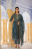 Varanga Women Printed Blue Round Neck Kurta With Printed Bottom And Dupatta