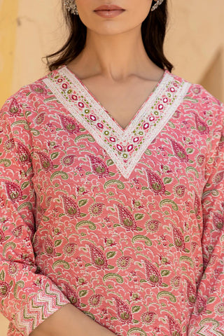 Varanga Women Pink Embroidered V Neck Kurta With Printed Bottom And Dupatta