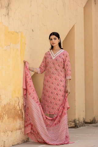 Varanga Women Pink Embroidered V Neck Kurta With Printed Bottom And Dupatta