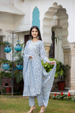 Varanga Women Grey V Neck Embroidered Kurta Paired With Printed Bottom And Dupatta