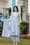 Varanga Women Grey V Neck Embroidered Kurta Paired With Printed Bottom And Dupatta