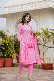 Varanga Women Pink V Neck Embroidered Kurta Paired With Printed Bottom And Dupatta