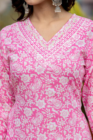 Varanga Women Pink V Neck Embroidered Kurta Paired With Printed Bottom And Dupatta