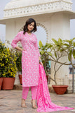 Varanga Women Pink V Neck Embroidered Kurta Paired With Printed Bottom And Dupatta