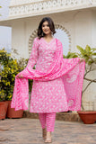 Varanga Women Pink V Neck Embroidered Kurta Paired With Printed Bottom And Dupatta