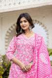 Varanga Women Pink V Neck Embroidered Kurta Paired With Printed Bottom And Dupatta