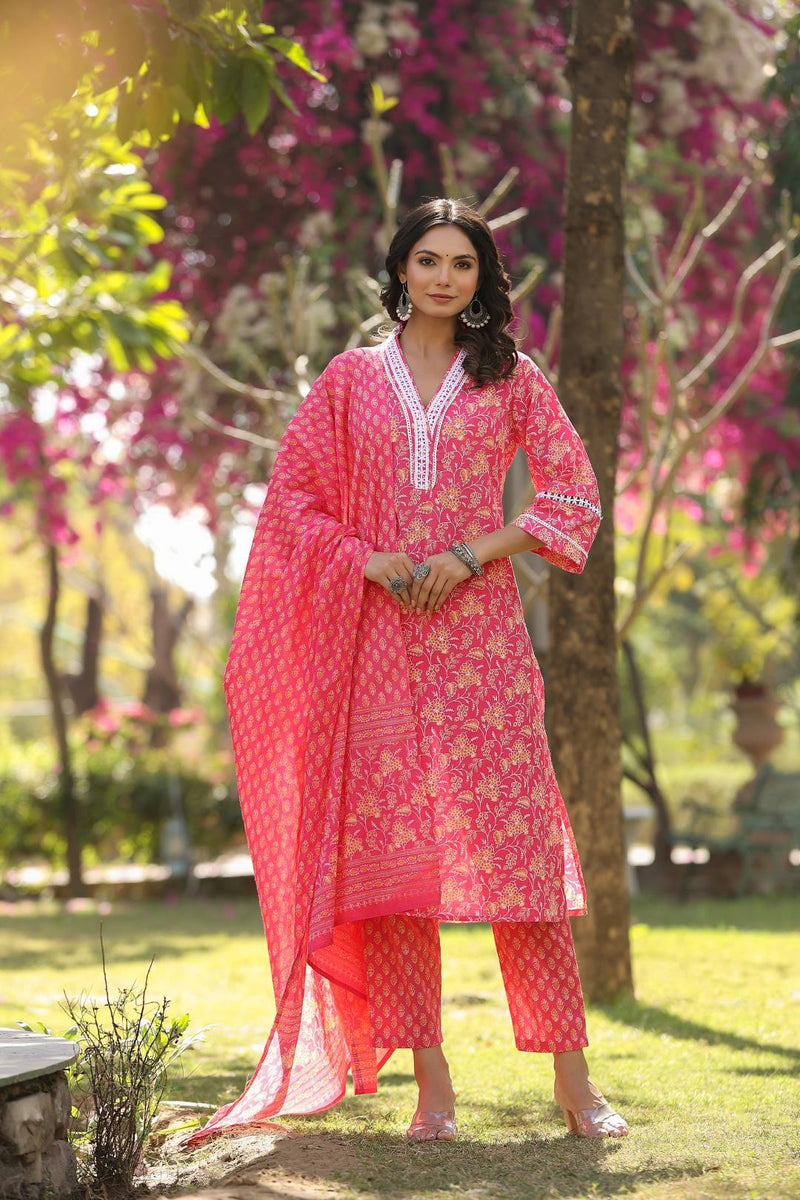 Varanga Women Pink V Neck Crochet Lace Detailed Kurta With Printed Bottom And Dupatta