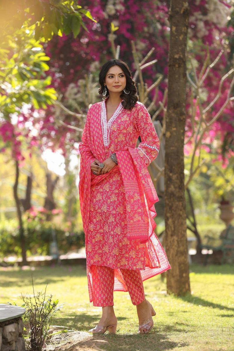 Varanga Women Pink V Neck Crochet Lace Detailed Kurta With Printed Bottom And Dupatta