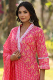 Varanga Women Pink V Neck Crochet Lace Detailed Kurta With Printed Bottom And  Dupatta