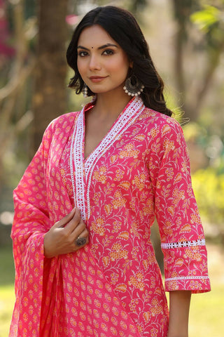 Varanga Women Pink V Neck Crochet Lace Detailed Kurta With Printed Bottom And Dupatta