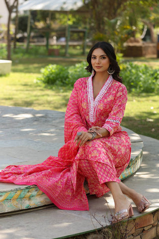 Varanga Women Pink V Neck Crochet Lace Detailed Kurta With Printed Bottom And Dupatta