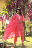 Varanga Women Pink V Neck Crochet Lace Detailed Kurta With Printed Bottom And  Dupatta