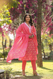 Varanga Women Pink V Neck Crochet Lace Detailed Kurta With Printed Bottom And  Dupatta